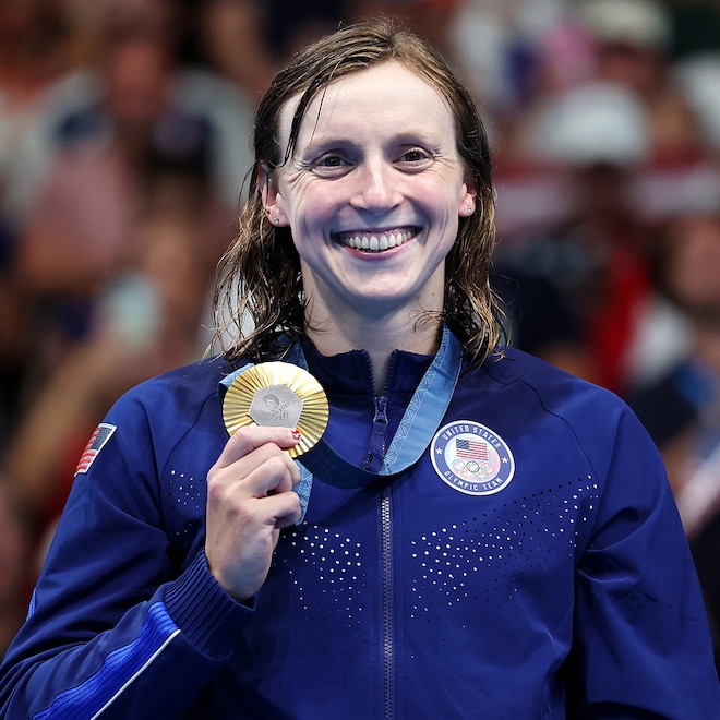 Katie Ledecky Holding a Gold Medal at Paris 2024 Olympics